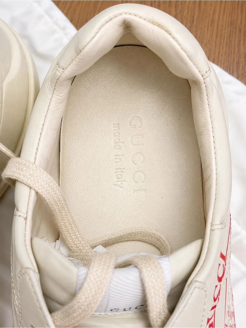 Gucci Cream Leather Platform Sneaker with Red Logo Accent